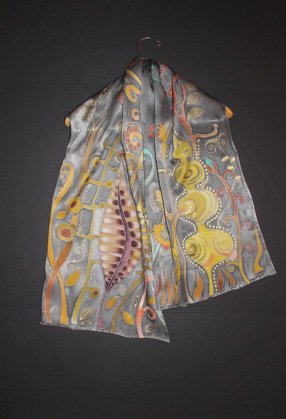 Hand painted silk scarf, Long fall leaves scarf, Gold blue azure gray