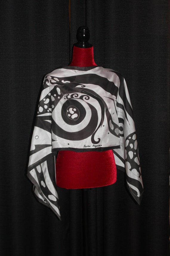 Hand painted abstract silk scarf black and white colors, gift for her