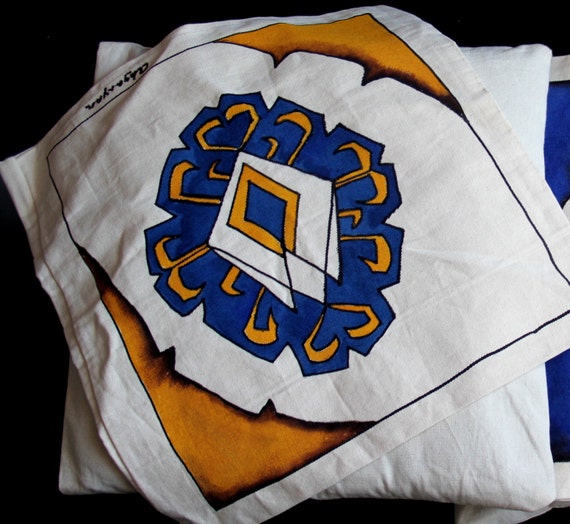 18-18 inHand painted Decorative pillow case,Throw pillows, Batik,Armenian carpet ornament,Home decor,Blue,White,Yellow,Cotton,Gift for her