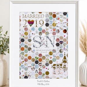 May include: A framed wall art piece featuring a mosaic of small hexagons in various floral, solid, and patterned designs. The text reads MARRIED 2019, SARAH & NATHAN 10/05/2019, and Sarah & Nathan 10th May 2019. A large central monogram S & N is visible.