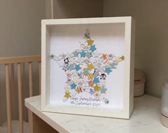 Personalised star collage frame made from new baby boy birth cards, nursery wall art, baby keepsake