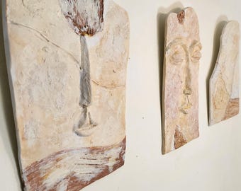 Timeless Watchers — Triptych Relief in Clay, Plaster