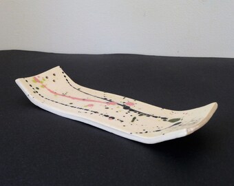 Whimsical Ceramic  Narrow Tray, Rectangular, Modern Plate, Serving, Table Decoration, Abstract, White, Black, Pink, Gray, Lime