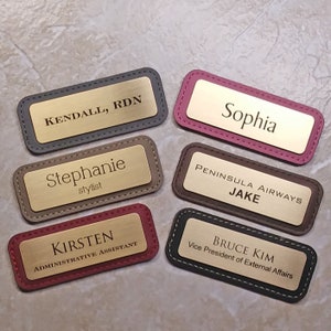 Leather & Brass Magnetic Name Tags. With 2 lines of text.