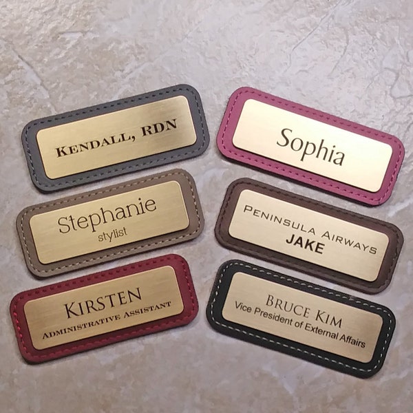 Leather & Brass Magnetic Name Tags. With 2 lines of text.