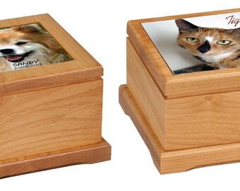 Pet Urn. Red Alder with a ceramic top with your Pets Photo in full color