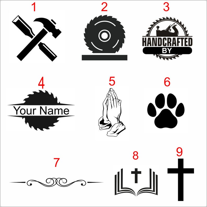 Puede incluir: Una colecci&oacute;n de dise&ntilde;os gr&aacute;ficos en blanco y negro. Incluye herramientas cruzadas, una hoja de sierra, una huella de pata, manos rezando, una cruz, un libro abierto con una cruz y elementos decorativos. Algunos dise&ntilde;os presentan texto.