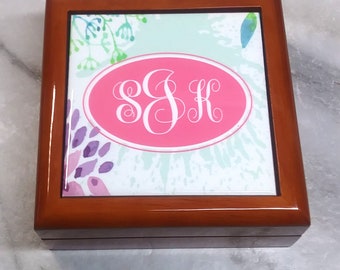 Monogram Keepsake Box with Water Color Background- Wood with Higned Top - With Name