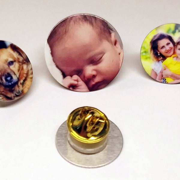 Twelve Photo Lapel Pins. Metal. Two Sizes. Set of 12 with your photo. Extra clasp included.
