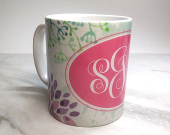 Personalized Monogram Ceramic Mug with your Initials on watercolor Image..