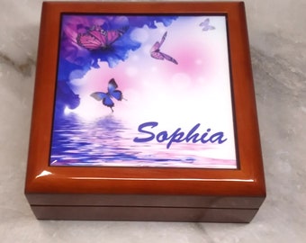 Love Keepsake Box  - Water & Butterflys - Wood with Higned Top - With Your Name