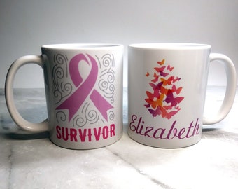 Cancer Survivor Ceramic Mug with Ribbon, Butterflies and a Name