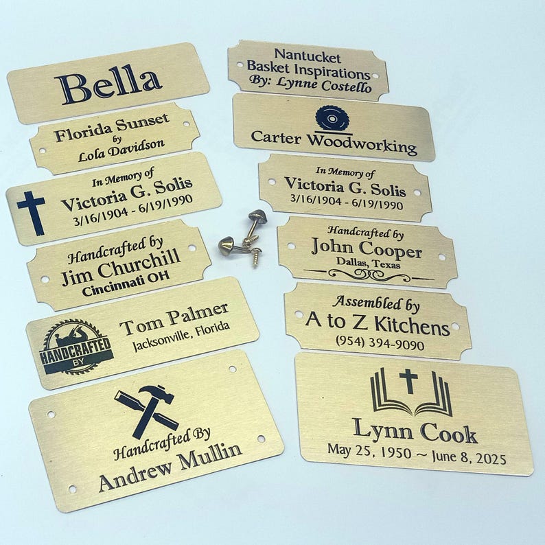 Placas de latón para nombres en pinturas, artesanías, muebles, marcos de arte y monumentos conmemorativos. imagen 1