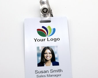 Credencial de identificación con foto, logotipo, foto y nombre, con clip para correa