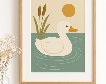 Duck Wall Art Printable | Boho Animal Nursery Decor | Retro Nature Digital Download | Kids Room Duckling Print