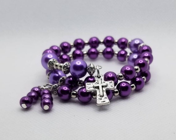 Anglican prayer bead bracelet, memory wire bracelet, beaded bracelet, wrap bracelet, grape purple glass pearls, Protestant prayer beads