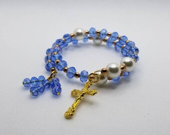 Anglican prayer bead bracelet, memory wire bracelet, beaded bracelet, wrap bracelet, blue and white beads , Protestant rosary