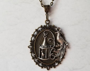 Bird cage necklace, bird necklace, bronze spider pendant, Gothic jewelry, Victorian jewelry, fantasy necklace, unique gift idea, bird cage