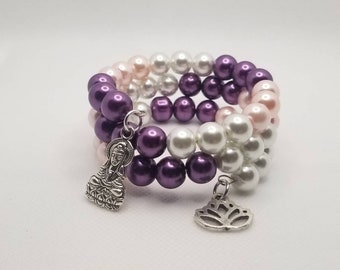 Mala bracelet, 54 bead mala, memory wire bracelet, wrap bracelet, pink, purple, and white glass beads, yoga bracelet, meditation beads, mala