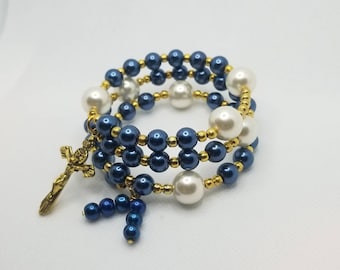 Lutheran rosary bracelet, Lutheran prayer bracelet, memory wire wrap bracelet, prayer aid, gold, navy and white glass pearls, religious