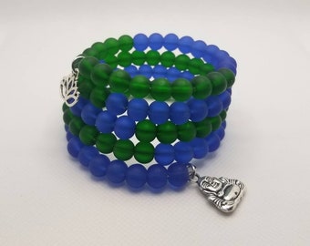 Mala bracelet, 108 bead mala, memory wire bracelet, wrap bracelet, blue and green beach glass beads, yoga bracelet, Buddhist  mala beads