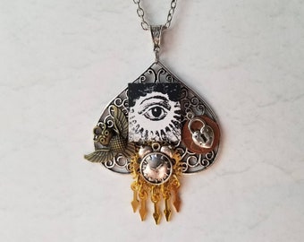 Steampunk pendant, mixed metal pendant, multi metal pendant, Steampunk heart, Steampunk assemblage, time flies, all seeing eye, unique gift