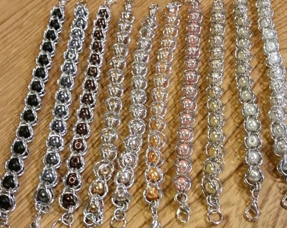 Captive bead bracelet, captured pearl jewelry, chain maille bracelet, silver, neutral glass pearls, captured beads, neutral colors