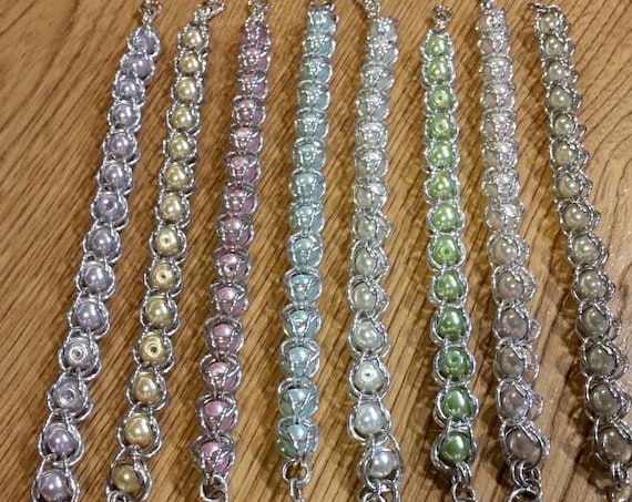 Captive bead bracelet, captured pearl jewelry, chain maille bracelet, silver, pastel glass pearls, captured bead jewelry, chain maille