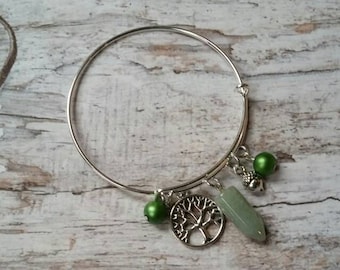 Pagan charm bangle, expandable bangle, silver charm bangle, charm bracelet, Wiccan jewelry, matches witch ladder, glass pearls, gemstone