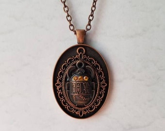 Copper scarab pendant, copper Steampunk necklace, Scarab beetle, Egyptian jewelry, Egyptian scarab pendant, double frames, Goth necklace