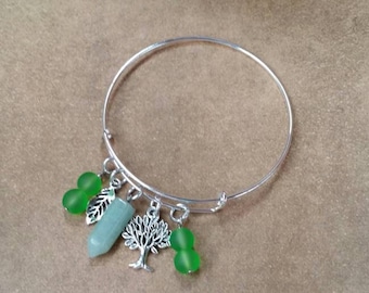 Yule bangle, expandable bangle, Yule jewelry, matches prayer beads, Yule bracelet, Green Aventurine, sea glass, leaves