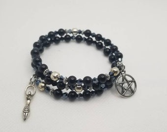 Witches ladder bracelet, black and silver, beaded memory wire bracelet, wrap bracelet, Pagan rosary, Wiccan rosary bracelet, New Age jewelry