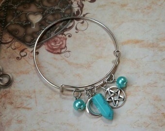 Winter bangle, expandable bangle, Winter jewelry, matches prayer beads, Winter pagan bracelet, snow and ice, turquoise blue, pentagram charm