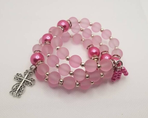 Lutheran rosary bracelet, Lutheran prayer bracelet, memory wire bracelet, wrap bracelet, pink pearls and rubberized beads, filigree cross