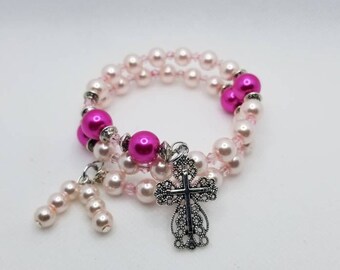 Anglican prayer bead bracelet, memory wire bracelet, beaded bracelet, wrap bracelet, pink glass pearls, Protestant prayer beads