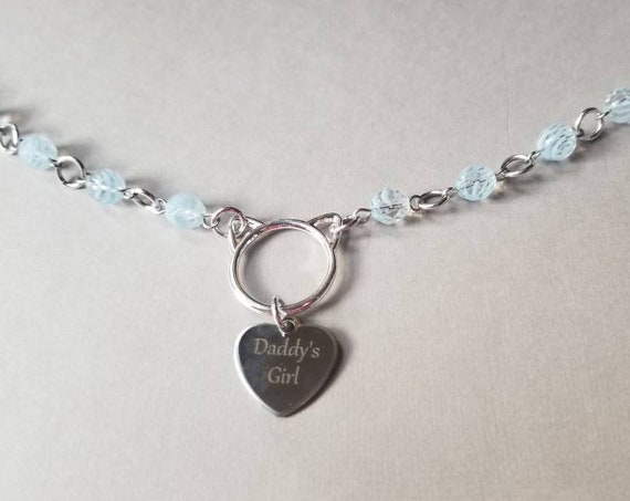 Kitten day collar, discreet day collar, blue Czech glass beads, BDSM collar, cat ear O ring necklace, stainless steel, Daddy's girl charm