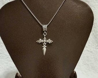 Gothic cross pendant necklace, silver toned with fancy jewelry bail and chain, sword with wings, religious