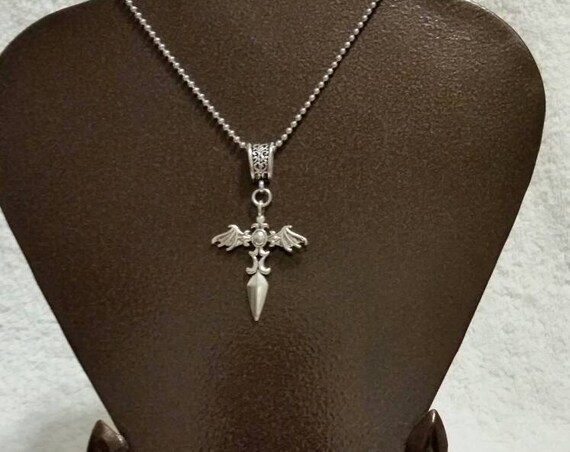 Gothic cross pendant necklace, silver toned with fancy jewelry bail and chain, sword with wings, religious