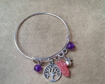 Mabon bangle, expandable bangle, Mabon jewelry, matches prayer beads, Mabon Sabbat bracelet, Cherry Quartz, purple Malay Jade, tree of life