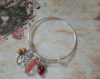 Litha bangle, expandable bangle, charm bangle, Midsummer, pagan jewelry, matches prayer beads, Cherry Quartz, tree of life, Fire, acorn