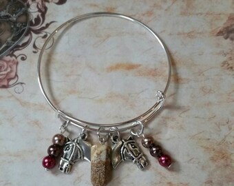 Litha bangle, expandable bangle, charm bangle, Midsummer, pagan jewelry, matches prayer beads, Picture Jasper, horse charms, glass pearls