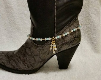 Boot jewelry x 2, boot bracelets, gold toned hand-wired boot jewelry with off white and blue glass pearls and matching dangles, boot bling