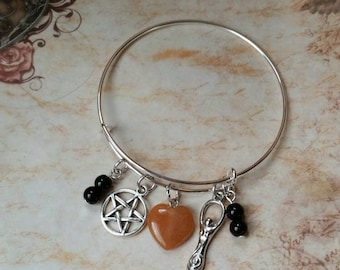 Samhain bangle, expandable bangle, Samhain jewelry, matches prayer beads, Samhain bracelet, Carnelian heart, pentagram