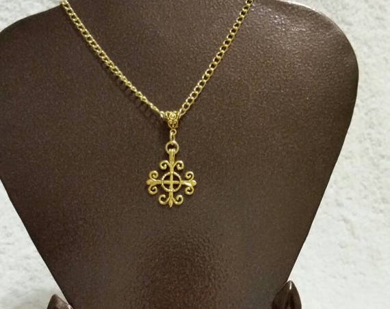 Religious necklace, cross pendant, Jerusalem or Crusader's cross pendant necklace antique gold tone with decorative jewelry bail and chain