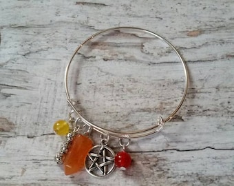 Litha bangle, expandable bangle, charm bangle, Midsummer, pagan jewelry, matches prayer beads, pentagram, Carnelian, Jade, Fire themed
