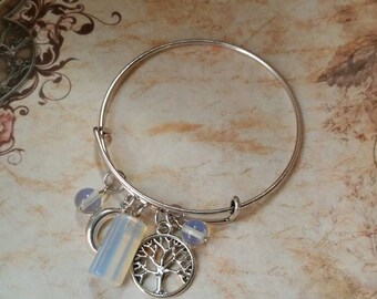 Winter bangle, expandable bangle, Winter jewelry, matches prayer beads, Winter pagan bracelet, snow and ice, Opalite gemstone, crescent moon