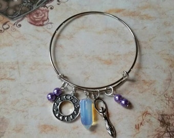 Lammas bangle, expandable bangle, Lammas jewelry, matches prayer beads, Lughnasadh bracelet, Opalite, purple pearls, moon phases, Goddess
