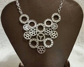 Steampunk necklace, silver gear necklace, Steampunk bib necklace, Industrial Chic, unique gift, OOAK necklace, Geek jewelry, gear jewelry