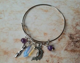 Lammas bangle, expandable bangle, Lammas jewelry, matches prayer beads, Lughnasadh bracelet, Amethyst, Opalite, Goddess jewelry, Wiccan