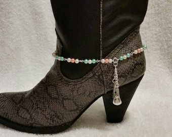 Boot jewelry x 2, boot bracelets, silver-toned metal with ivory, peach, blue glass pearls and three cowboy charms, boot bling